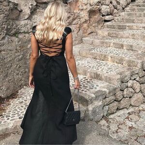 Zara Black Midi Dress with Lace-Up Back